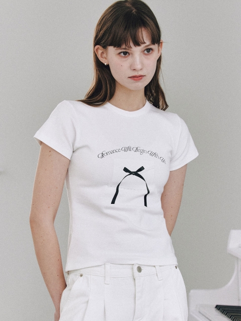Ribbon Letter Slim T-shirts ( White )